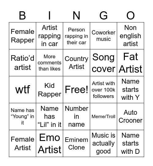Instagram Music BINGO Card
