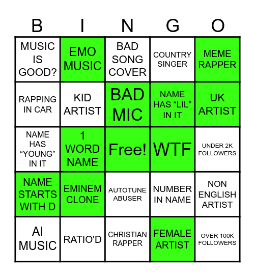 Instagram Music Bingo Card