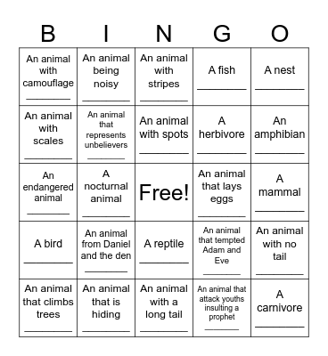Calgary Zoo BINGO Card