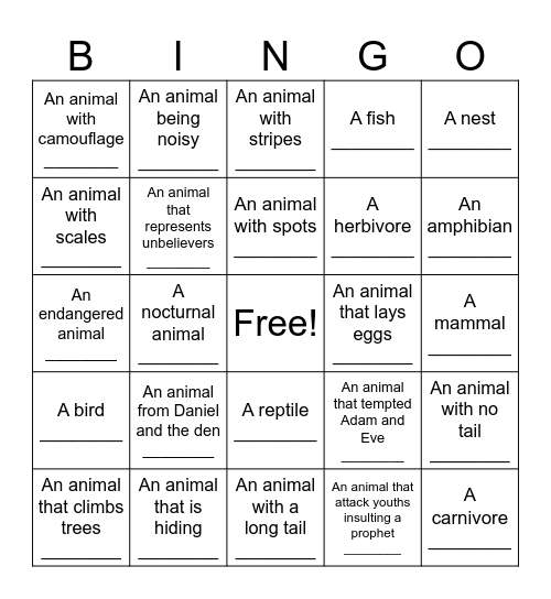 Calgary Zoo BINGO Card