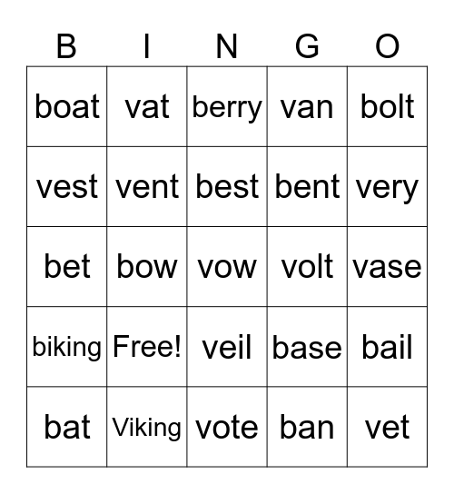 B and V Bingo Card