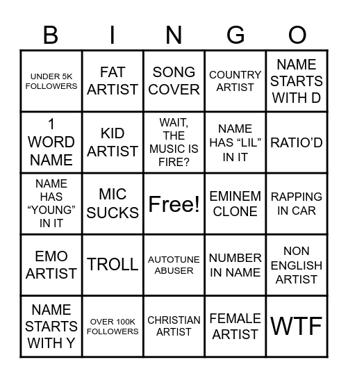 Instagram Music Bingo Card