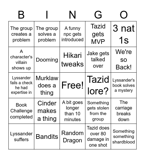 Zack session bingo Card