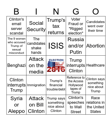 Presidential Debate 10/19/2016 Bingo Card
