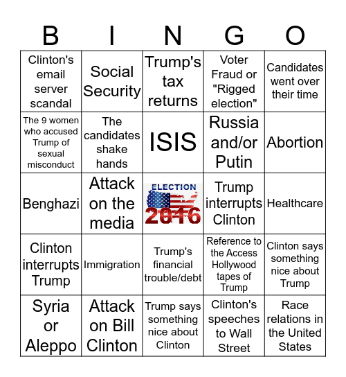 Presidential Debate 10/19/2016 Bingo Card