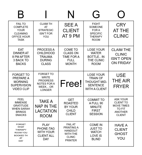 CHF Clinic Bingo Card