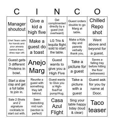 CINCO BINGO CHALLENGE Bingo Card