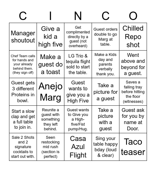 CINCO BINGO CHALLENGE Bingo Card