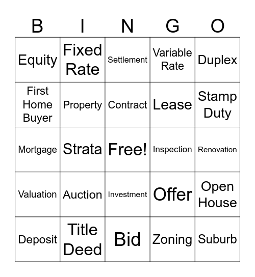 NSW Property Terms Bingo Card
