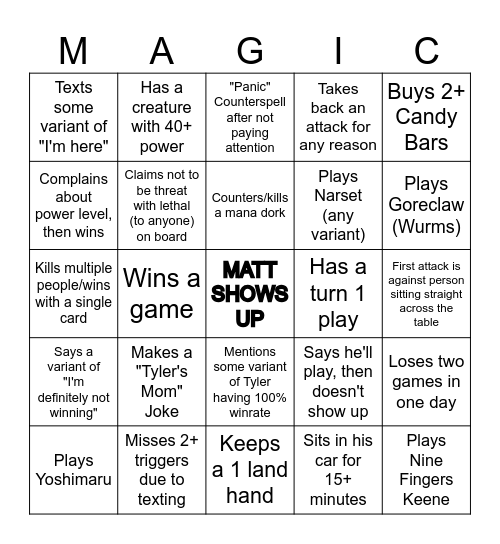 Matt Magic Bingo Card