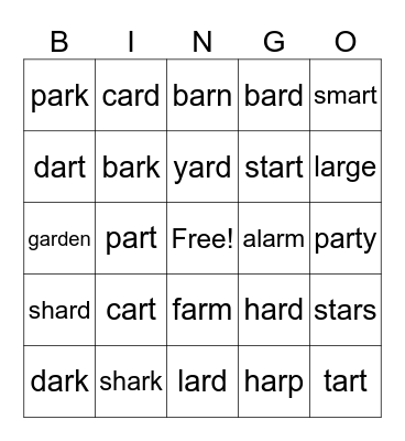 r controlled vowels / ar Bingo Card