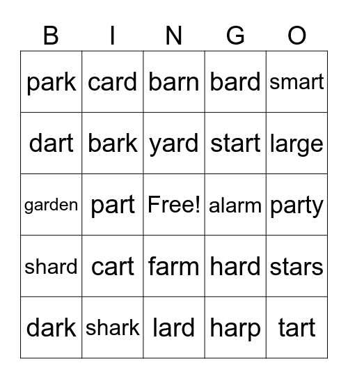 r controlled vowels / ar Bingo Card