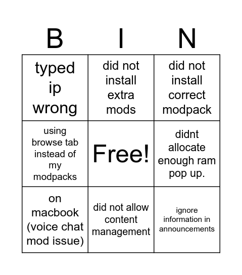 mc wh*res server problem Bingo Card