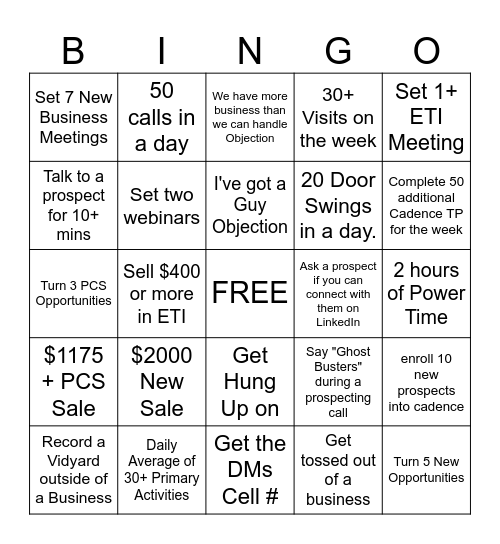 Prospecting/Sales Bingo Card