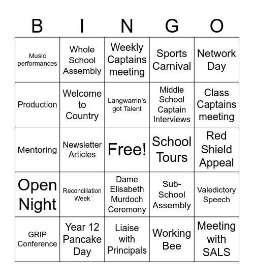 EMC Student Leadership Bingo Card