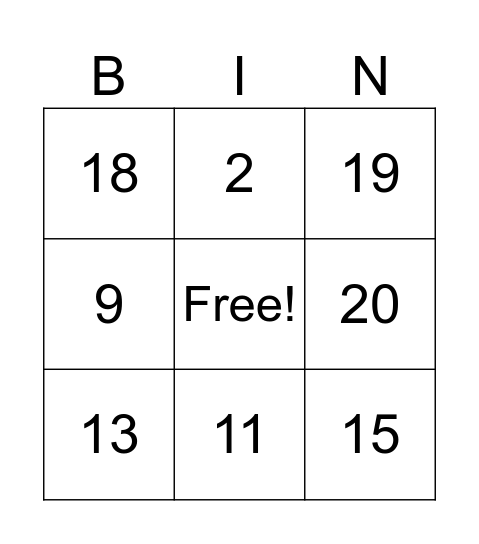 NUMBERS Bingo Card