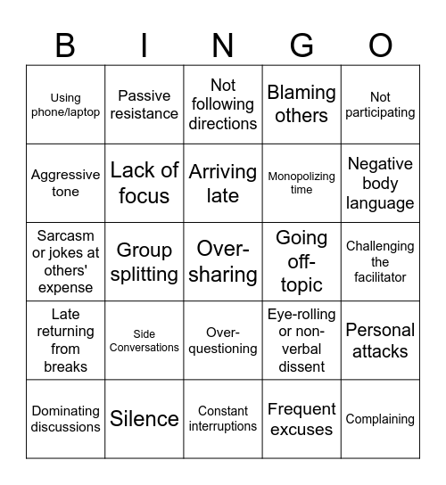 Managing Behaviours Bingo Card