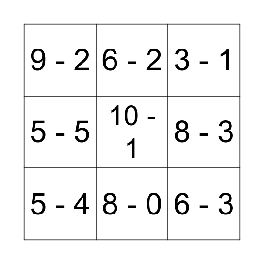 Subtraction Bingo Card