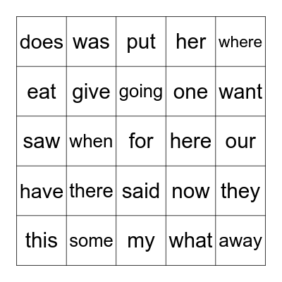 Sight Words Bingo Card