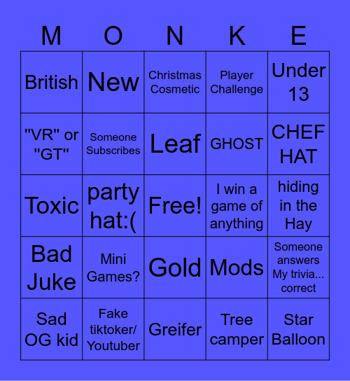 Gorilla Tag Bingo Card