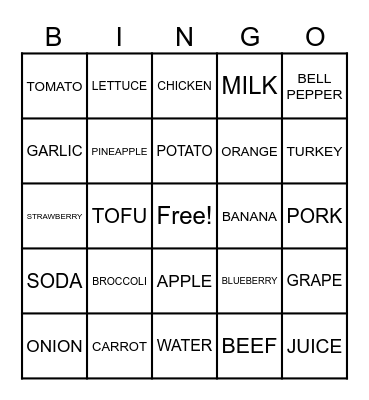 Food/Drink Bingo Card