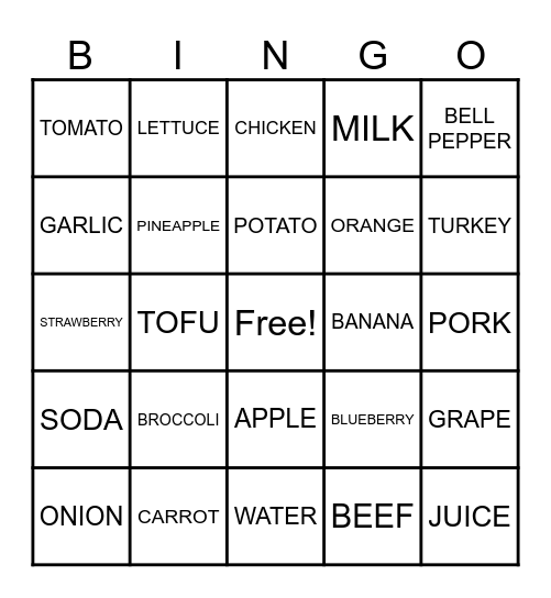 Food/Drink Bingo Card
