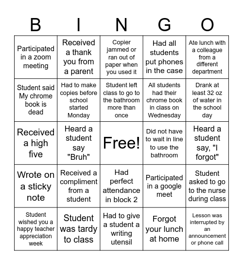 Teacher Appreciation Week Bingo Card