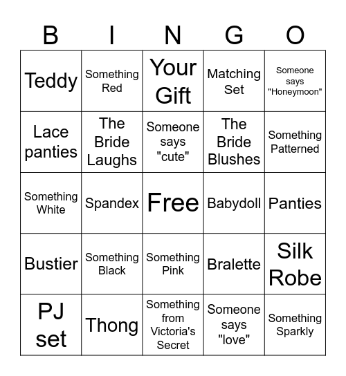 Lingerie Bingo Card