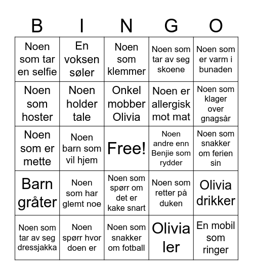 Olivias Konfirmasjon Bingo Card