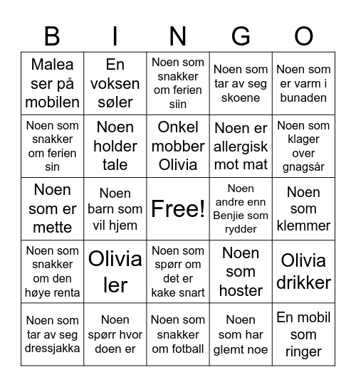 Olivias Konfirmasjon Bingo Card