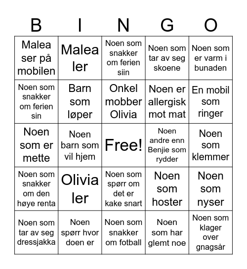 Olivias Konfirmasjon Bingo Card