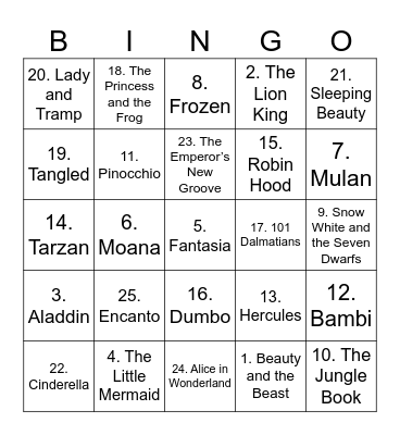 Best Disney Animated Movies Bingo Card