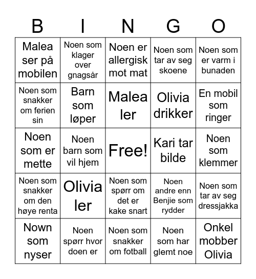 Olivias Konfirmasjon Bingo Card