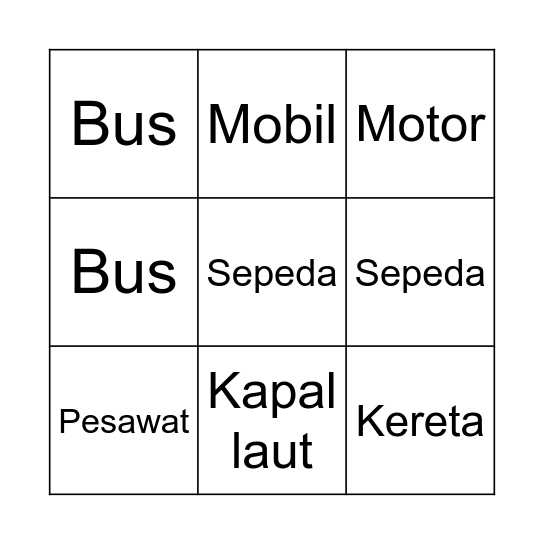 Kendaraan Bingo Card