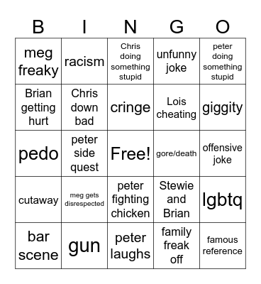 family guy Bingo Card