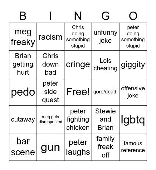 family guy Bingo Card