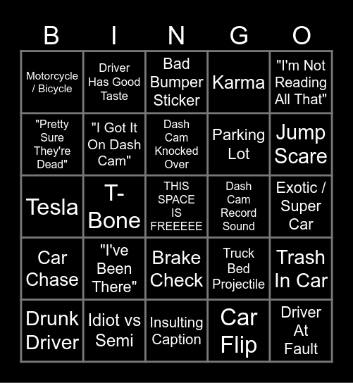Car Crash Compliation Bingo Card