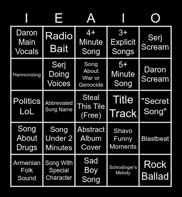 Soad Sixth Album Bingo Card
