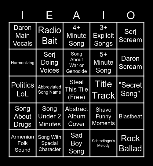 Soad Sixth Album Bingo Card
