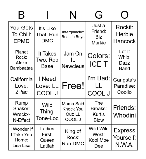 80s/90s Hip-Hop Bingo Card