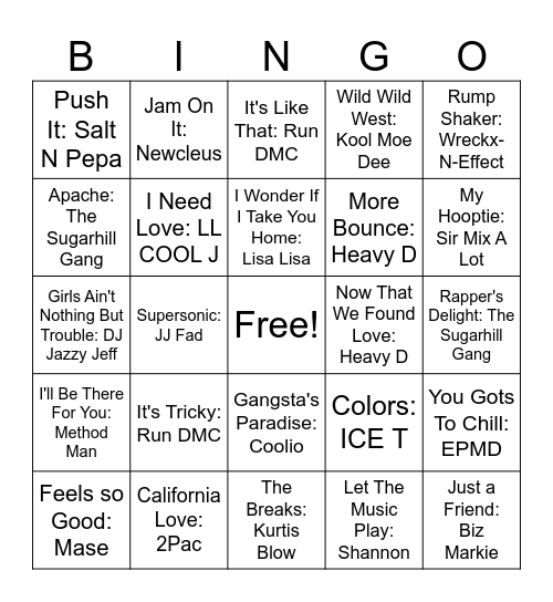 80s/90s Hip-Hop Bingo Card