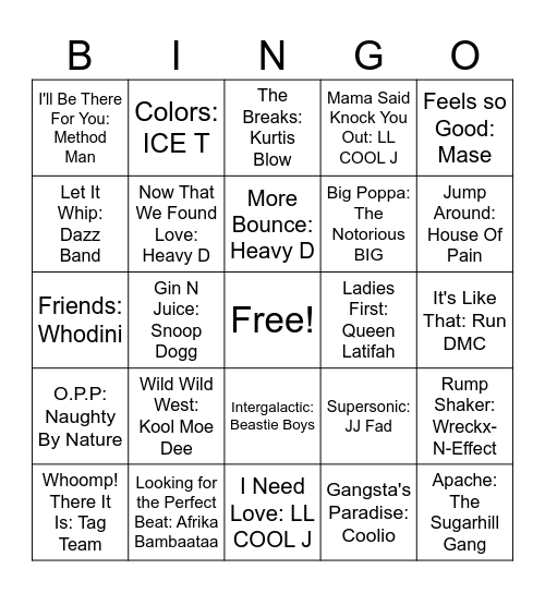 80s/90s Hip-Hop Bingo Card