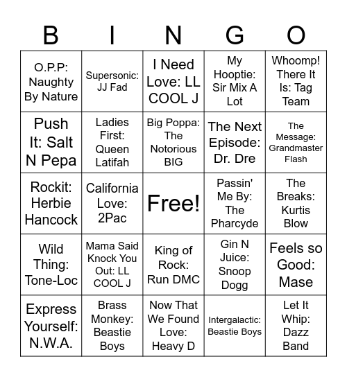 80s/90s Hip-Hop Bingo Card