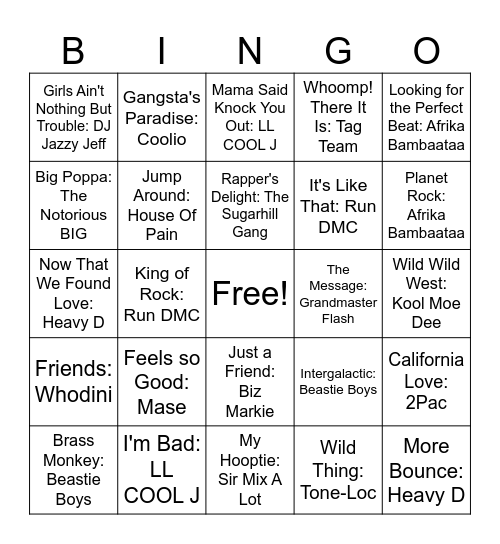 80s/90s Hip-Hop Bingo Card