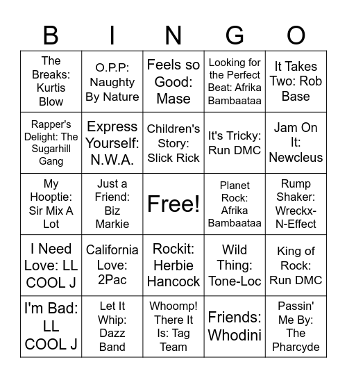 80s/90s Hip-Hop Bingo Card