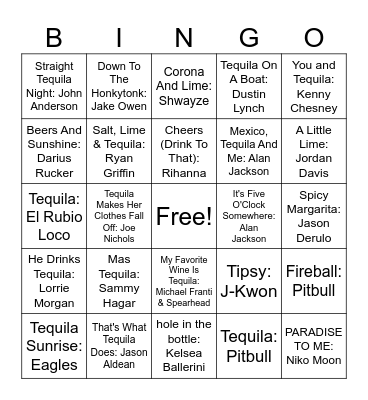 Drinking Songs Bingo Card