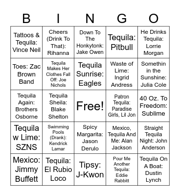 Drinking Songs Bingo Card