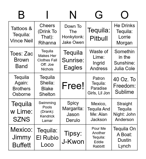 Drinking Songs Bingo Card