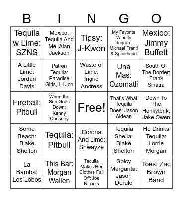Drinking Songs Bingo Card