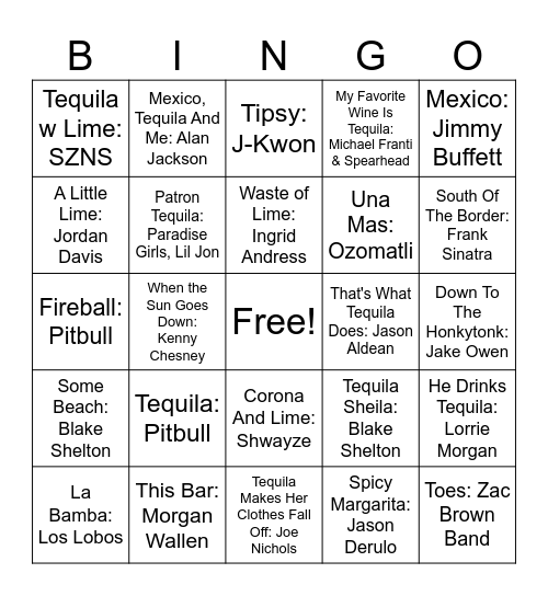 Drinking Songs Bingo Card